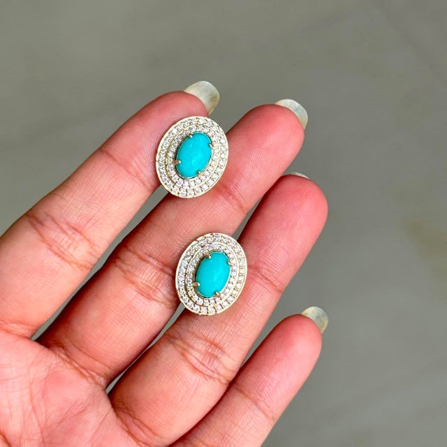 Contemporary 3.97Carat Turquoise & Diamond Double Halo Statement Earrings in 14k Gold- A Pair For Sale - Image 3 of 14