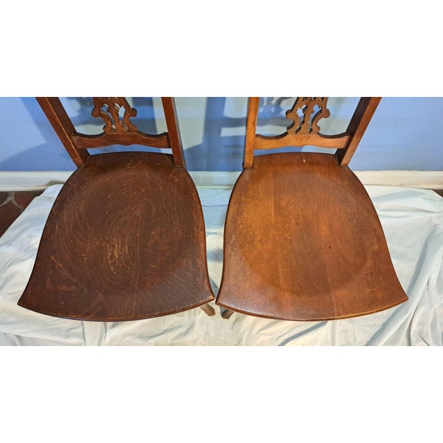 Pair Antique Quarter Sawn Oak Chairs Art Nouveau Carved Backs Tiger Oak C1900 For Sale - Image 9 of 12