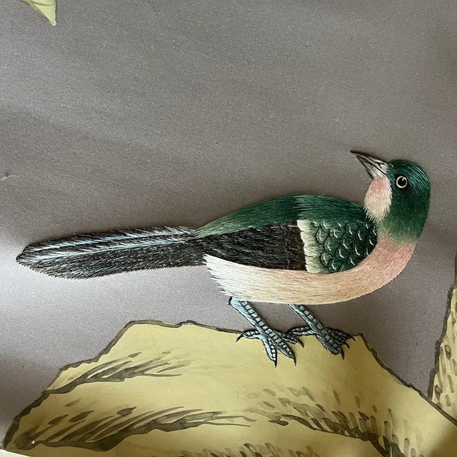 Gray Chinoiserie Panels Hand Painted Wallpaper With Partial Hand Embroidery - 2 Panels For Sale - Image 8 of 8