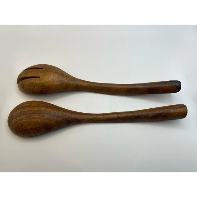 Mid 20th Century Hand Carved Wooden Bowl & Serving Utensils For Sale - Image 10 of 12