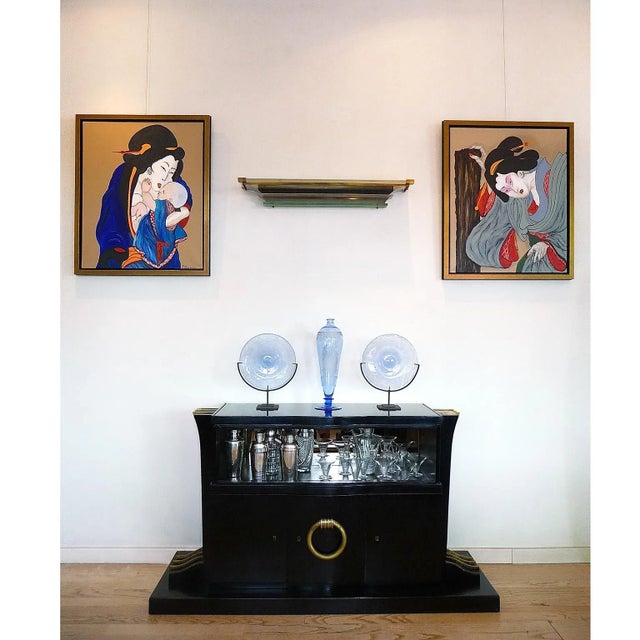 Large Murano glass vase in light blue glass, shaped as a bottle on a circular base, decorated with a lady and a gentleman...