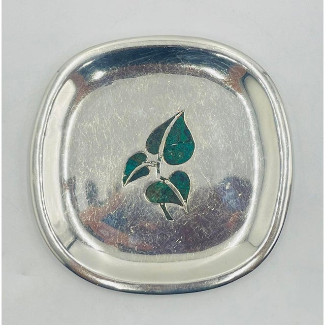 Silver Los Castillo Taxco Malachite Inlay Silver Plate Catchall Tray, Mexico 1960s For Sale - Image 8 of 16