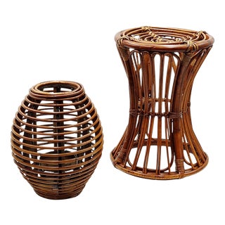 Mid-Century Rattan and Wicker Stools, Italy, 1960s, Set of 2 For Sale