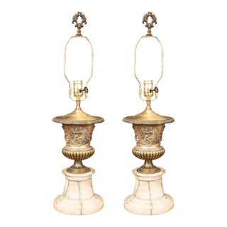 Pair of 19th Century Bronzed Metal Urns With Marble Bases as Lamps For Sale