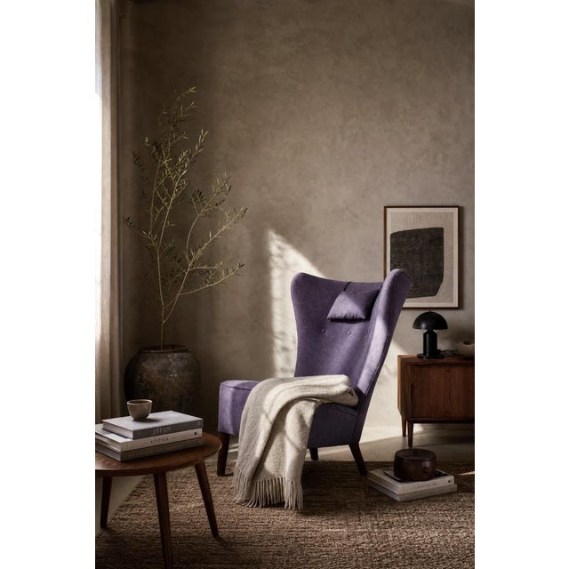 Mid-Century Modern Vintage Scandinavian Modern Oak and Purple Fabric High Back Wing Chair, 1950s For Sale - Image 3 of 18