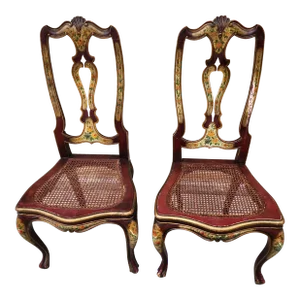 Antique French Country Hand Painted Queen Ann Style Chairs - Set of 2