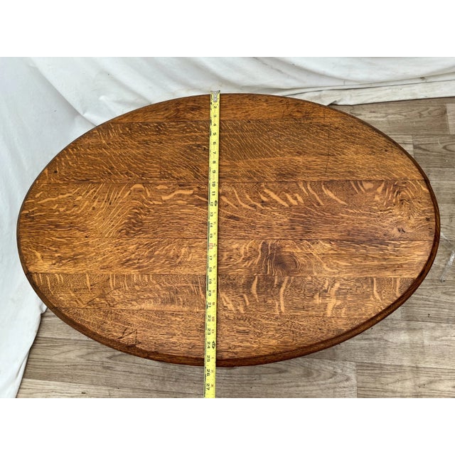 Antique Oval Coffee Table, Tiger Oak, Drawer, Shelf, Petite Size, Empire Style For Sale - Image 10 of 11
