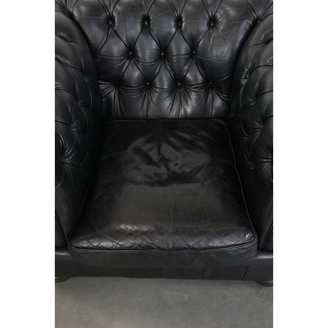 Black Chesterfield Sofa, Armchair, and Ottoman in Cowhide, Set of 3 For Sale - Image 17 of 18