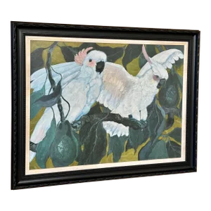 Monumental Reproduction Print Realism Cockatoo Black Wood Framed Oil Painting Manner of Jessie Arms Botke