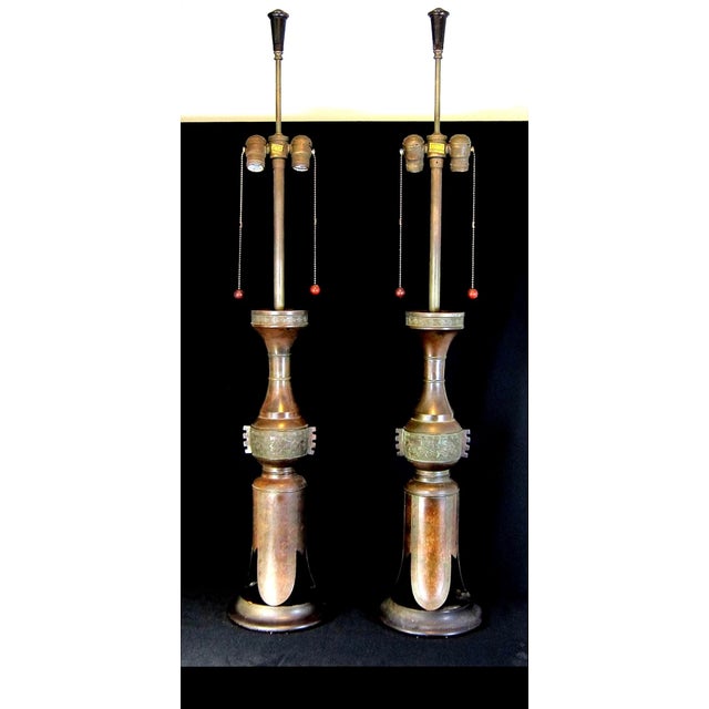 Striking Pair of Patinated Bronze Table Lamps by Marbro Lamp Co. - 1950s For Sale - Image 11 of 12
