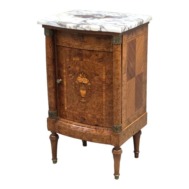 Antique French Art Nouveau Burl Marble Marquetry Nightstand With Bronze Ormolu For Sale