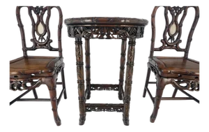 Very Fine Carved Solid Rosewood Faux Bamboo Lamp Table Two Chairs Set