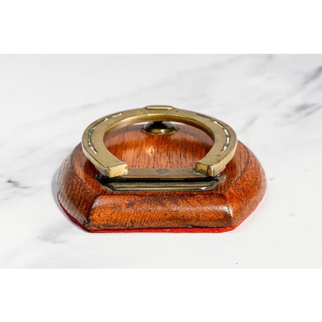 Brass Lovely English Victorian Antique Brass Desk Clip Equestrian Horseshoe Wood Shield For Sale - Image 8 of 10