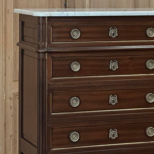 19th Century Louis XVI Mahogany Carrara Marble Top Semainier ~ Tall Chest of Drawers For Sale In Dallas - Image 6 of 18
