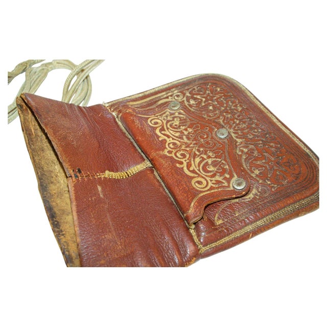 Antique Hand Tooled Leather Moroccan Bag Wall Decor For Sale - Image 10 of 16
