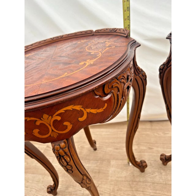 1930s Two French Side Tables, Display, Nightstands, Round Top Floral Marquetry For Sale - Image 10 of 13