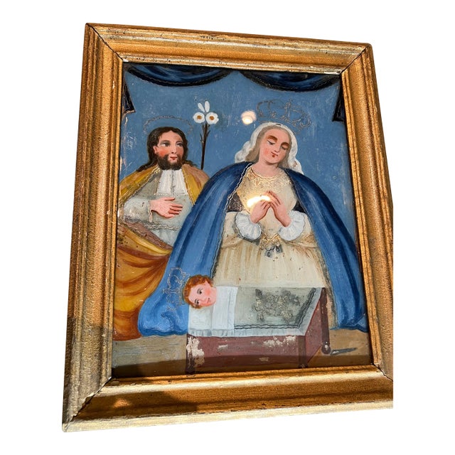 Antique Made in Mexico Holy Family Christmas Nativity Framed Wall Painting For Sale