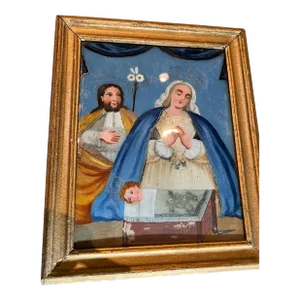 Antique Made in Mexico Holy Family Christmas Nativity Framed Wall Painting