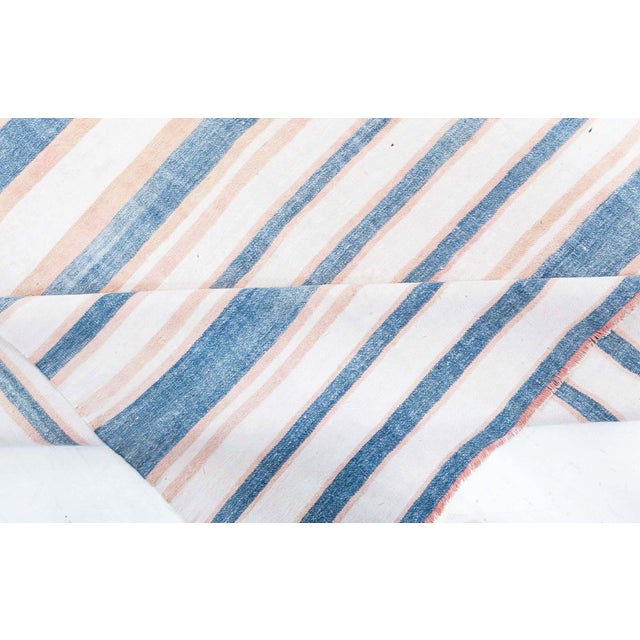 Mid 20th Century Doris Leslie Blau Vintage Indian Dhurrie Striped Blue Beige Rug For Sale - Image 5 of 8