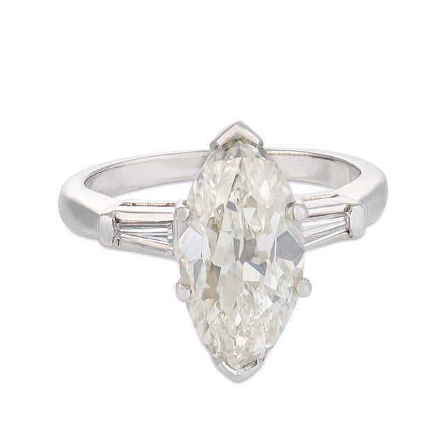 Art Deco 1930s Art Deco Gia 3.19 Carat Old Cut Marquise Diamond Platinum Engagement Ring, Size 4.25 For Sale - Image 3 of 6