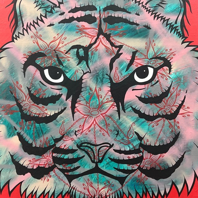 Tiger Portrait Pop Art with Floral Mandala in Chains by British Urban Graffiti Artist, Chris Pegg, using red, pink &...