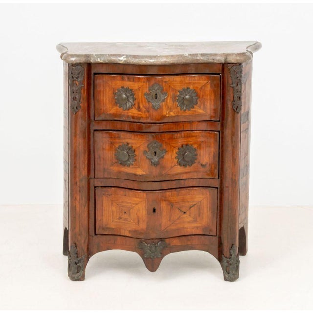 Louis XV Marble Top Ormolu Mounted Walnut Chest of Drawers, with serpentine top above three drawers. 33.75" H x 32" W x...