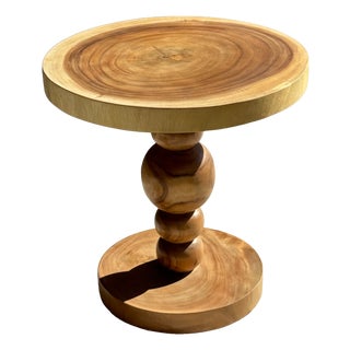 Coffee Table in Suar Wood with Central Pedestal Base and Spheres For Sale