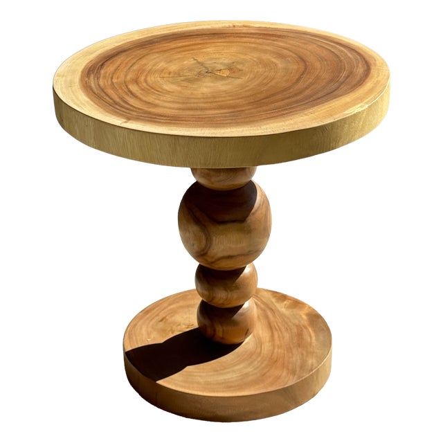 Coffee Table in Suar Wood with Central Pedestal Base and Spheres For Sale