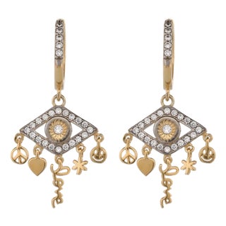 Peaceful Love Evil Eye Gold & Diamond Earrings, A Pair For Sale