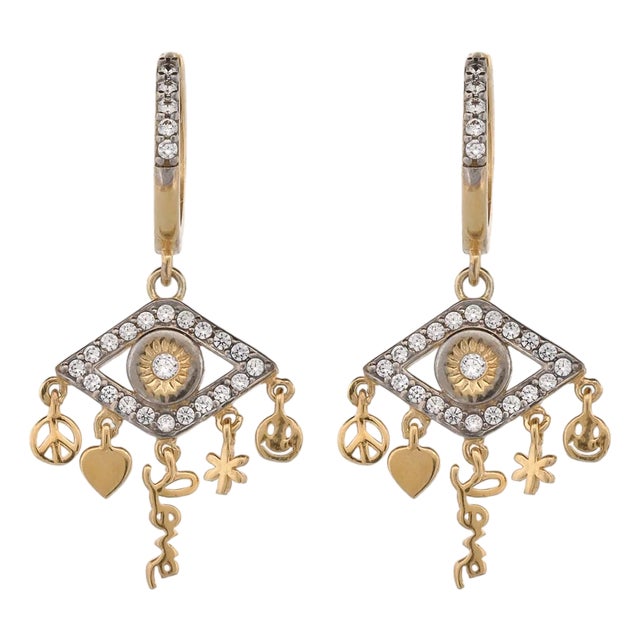 Peaceful Love Evil Eye Gold & Diamond Earrings, A Pair For Sale
