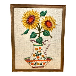 Midcentury 1970s Sunflower Embroidery Wall Art For Sale