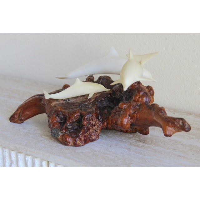 Vintage John Perry Dolphin Pod Sculpture on Natural Burlwood Base – 14" For Sale - Image 11 of 12