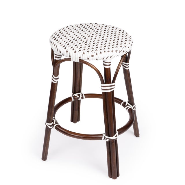Tobias 24 in. Seat Height Round Rattan Backless Counter Stool, White/Brown Dot / Dark Brown Rattan Frame For Sale - Image 9 of 9