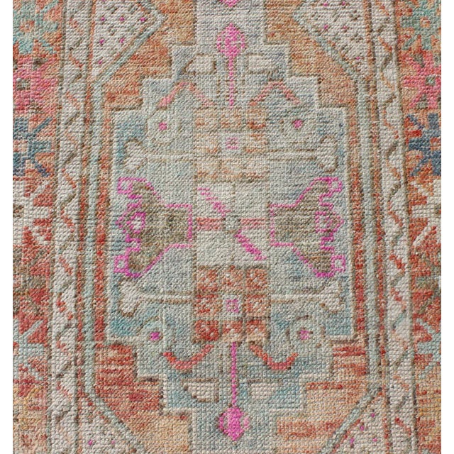 Tribal Vintage Turkish Oushak Geometric Runner With in Light Orange and Multi Colors For Sale - Image 3 of 8