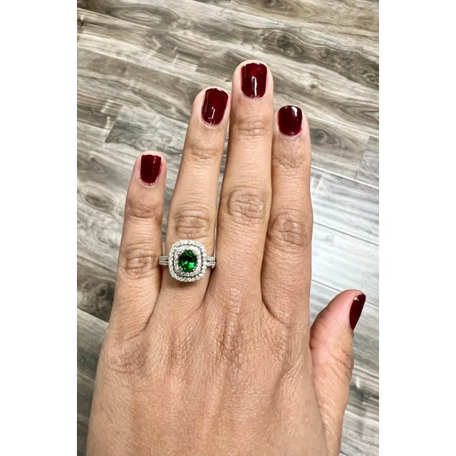 Early 21st Century 1.70 Carat Tsavorite Diamond 14 Karat White Gold Halo Engagement Ring, Size 7 For Sale - Image 5 of 5