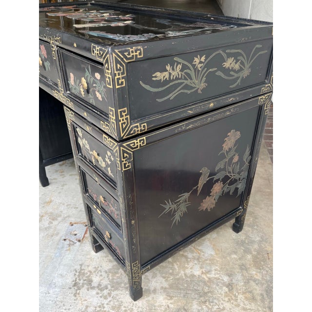 1920s Chinoiserie Three Piece Black Lacquer Desk With Hard-Stone Inlay For Sale - Image 9 of 12