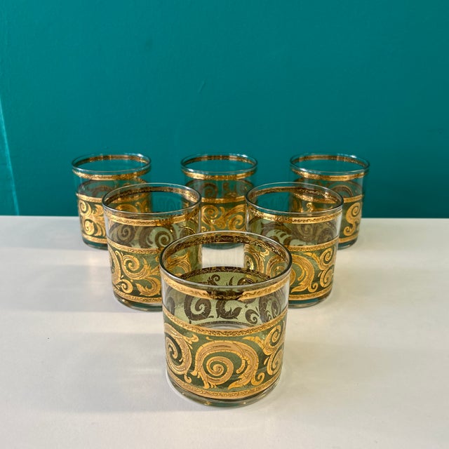 1960s 1960s Culver Hand Painted 18k Gold Green Glass Swirl Motif Cocktail Rocks Glasses Set of 6 Signed For Sale - Image 5 of 7