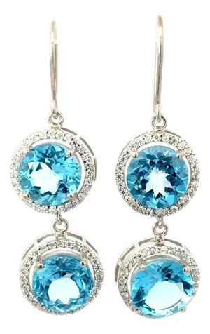 10mm Blue Topaz With Halo Zirconia Accents Dangling Earrings Hallmarked 925 Silver - Set of 2