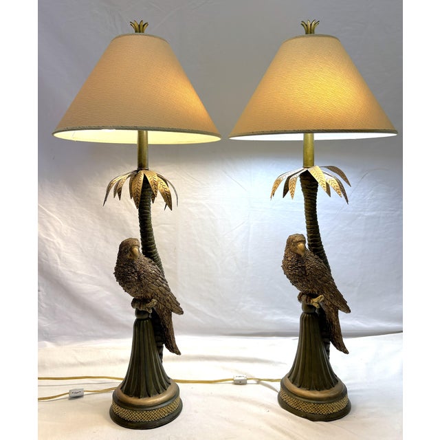 Hollywood Regency 20th Century Palm Beach Chic Parrot and Palm Tree Lamps- A Pair For Sale - Image 3 of 18