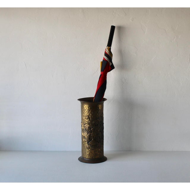 Early 20th Century Arts and Crafts Embossed Brass Stick Umbrella Stand For Sale - Image 12 of 14