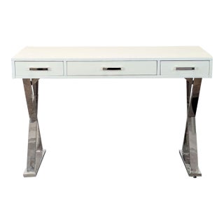 Pottery Barn Ava Modern White Desk With Chrome Legs and Three Drawers For Sale