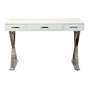 Pottery Barn Ava Modern White Desk With Chrome Legs and Three Drawers