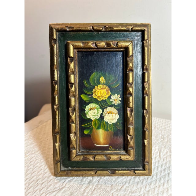 Vintage original small tabletop oil painting of a floral still life. Can sit on a table or be hung on the wall. In...
