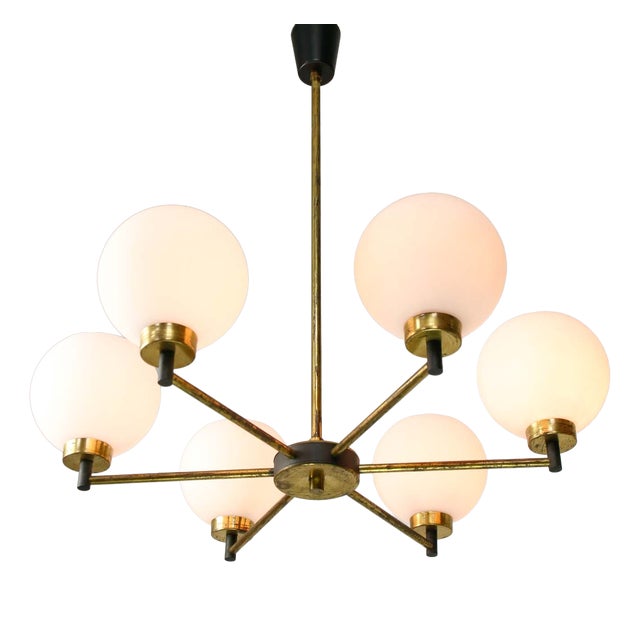 Mid-Century Modern Italian Brass and Opaline Chandelier For Sale