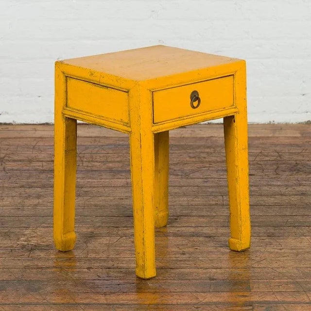 Vintage Chinese Distressed Yellow Lacquer with Single Drawer & Horse Hoof Feet For Sale - Image 9 of 13