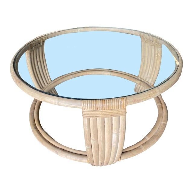 1950s Five Strand Rattan Coffee Table With Glass Top For Sale