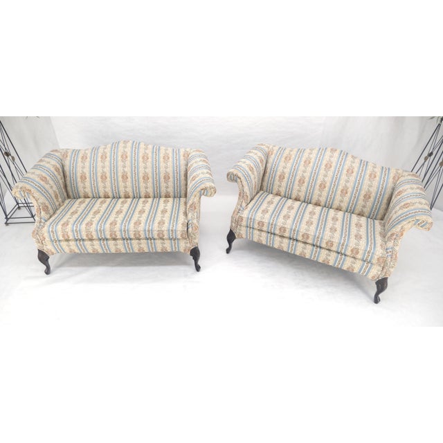 Pair of Camelback Loveseat Blue & White Striped & Floral Upholstery MINT! For Sale - Image 13 of 18