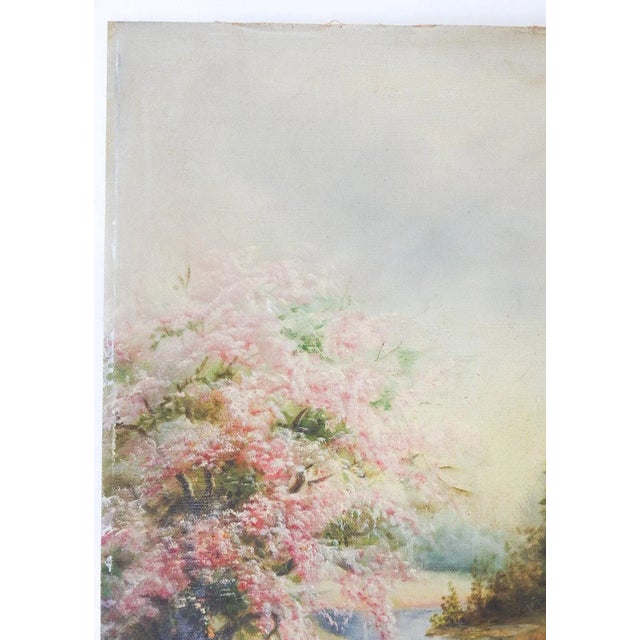 Vintage early 20th century oil on canvas board landscape painting with small creek and sheep under a pink flowering tree....