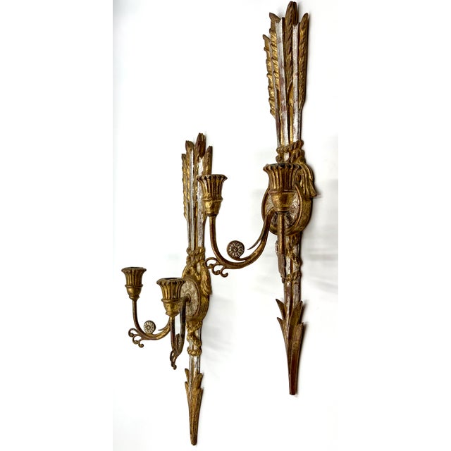 Hollywood Regency Antique Italian Silver & Gold Giltwood Arrow Candle Sconces - A Pair For Sale - Image 3 of 12