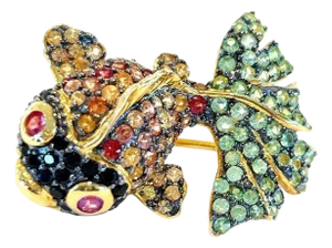 Bochic “Orient” Vintage Fancy Color Sapphire Brooch Set - 18K Gold & Silver